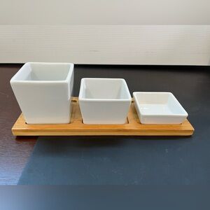 CB2 porcelain and wood condiment set